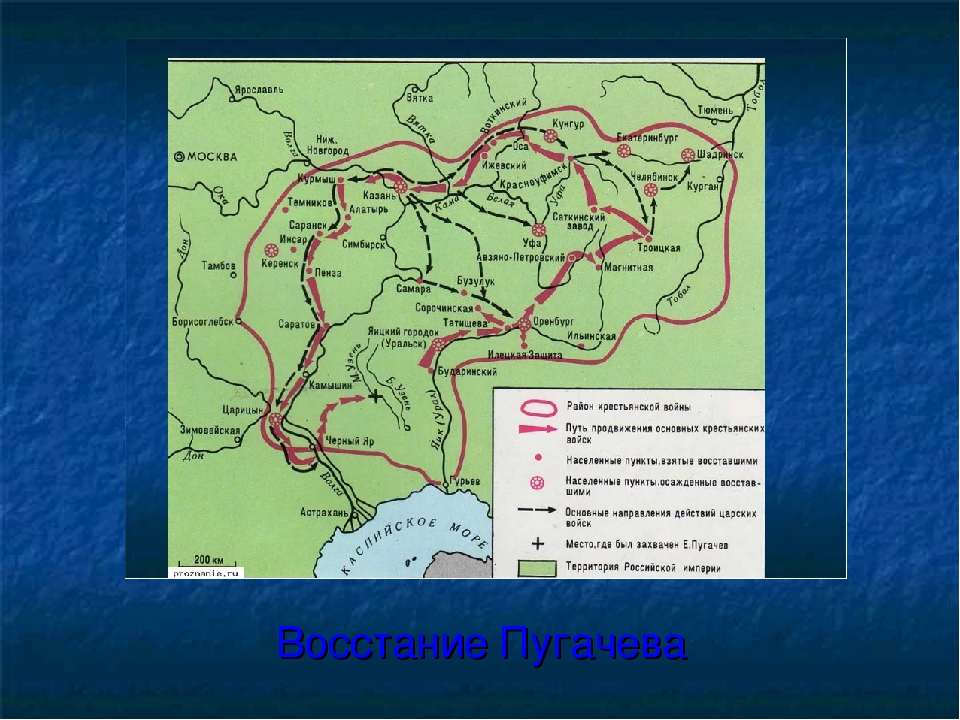 Восстание под предводительством е и пугачева карта