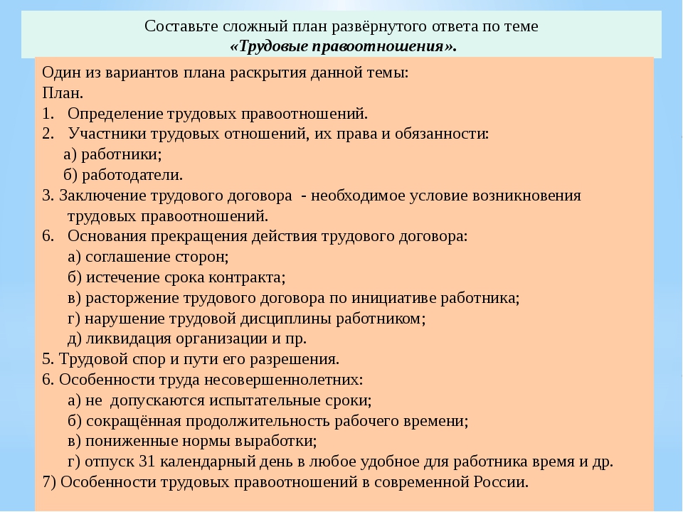 Трудовые правоотношения план ЕГЭ. Сложный план трудовые правоотношения. План трудовые правоотношения в РФ. Сложный план по теме Трудовое право.