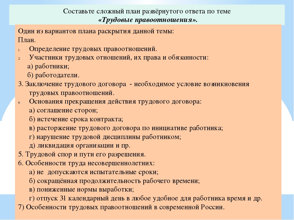 Труд вопросы и ответы. Трудовое право план ЕГЭ. План по трудовому праву. План по теме Трудовое право. Сложный план трудовые правоотношения.