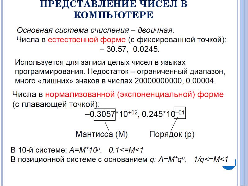 Что относится к основным правилам представления чисел в компьютере тест